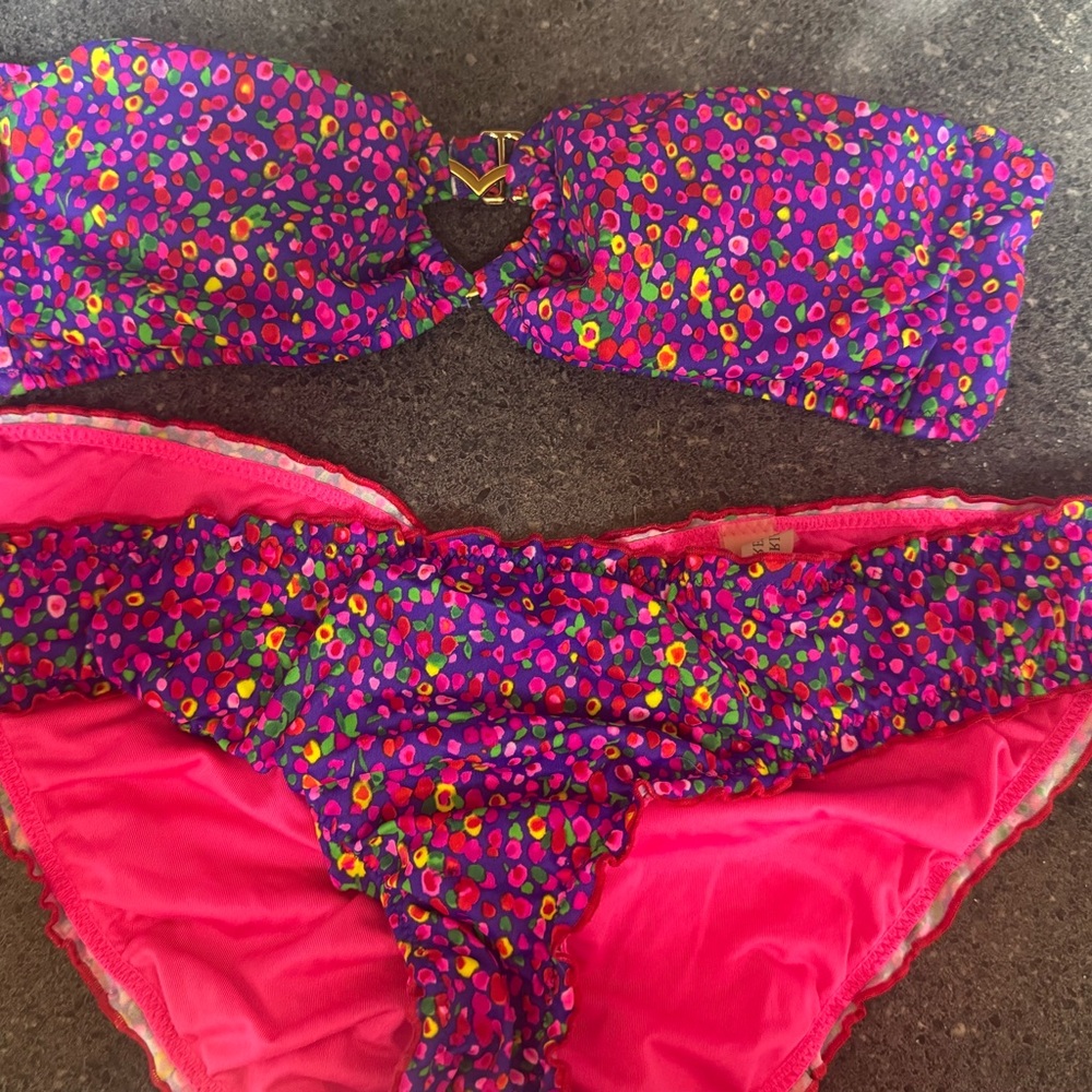 Victoria's Secret Purple Bandeau Bikini with Neon Multi-Color Print